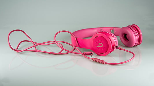 headphone, untuk mendengarkan, musik, merah muda, kabel, peralatan, plastik
