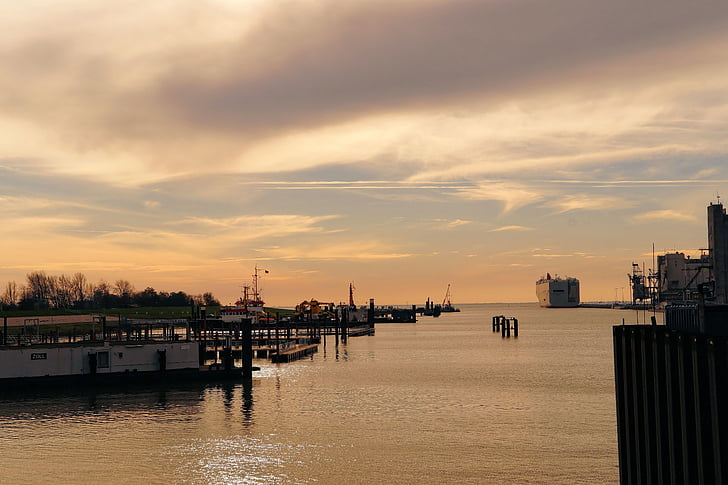 Port, Emden, Kelet-Frízföld, Északi-tenger, város, naplemente, romantikus