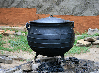 cooking pot, black pot, cast iron pot, ashes, wall, africa, three legged pot