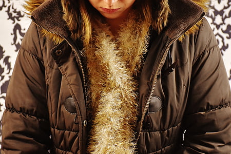 casaco de inverno, cachecol, cachecol de lã, mulher, menina, moderna, mulher jovem