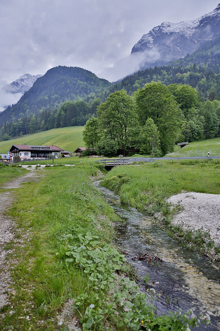 Alpine, Berg, Landschaft, Berglandschaft, Berge, Hütte, Fluss