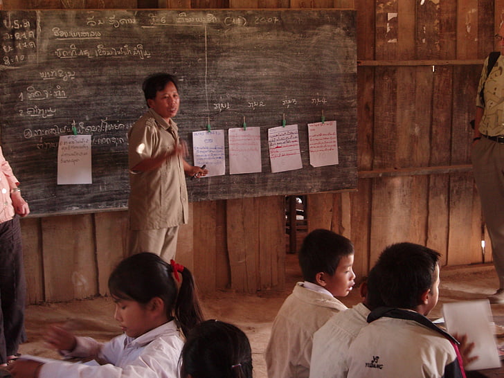 studenten, basisschool, dorp, Laos, kinderen, instructie, Zuidelijk laos