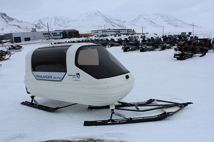motoneige, remorque, Norvège, Svalbard, enfants, transport, hiver