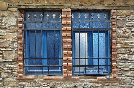 bức tường, đá, cửa sổ, cũ, gạch, màu xám, xây dựng