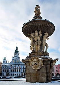 fountain, town hall, czech budejovice, south bohemia, building, architecture, winter