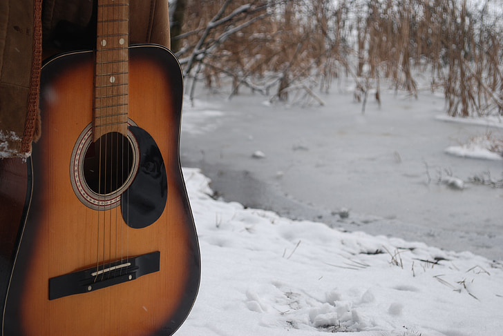 gitar, Vinter, musikk, snø, instrumentet, musikkinstrument