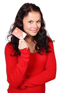 Foto, žena, červená, sveter, Holding, karta, podnikanie