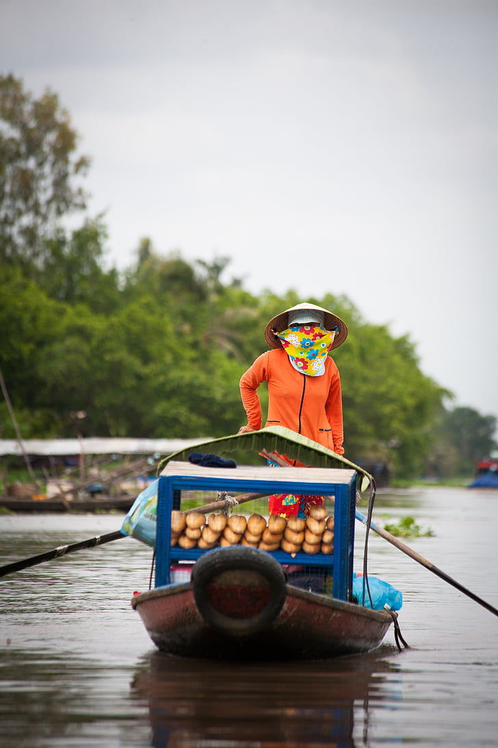 boat, floating market, subsistence, nautical Vessel, people, river, asia