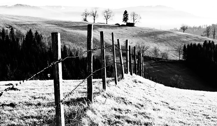 pěší turistika, krajina, pohled, Rakousko, plot, Příroda, černá a bílá