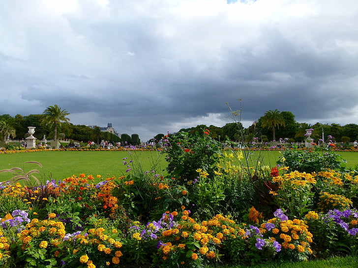 Παρίσι, Γαλλία, Κήπος του Λουξεμβούργου, λουλούδια, χλόη, δέντρα, ουρανός