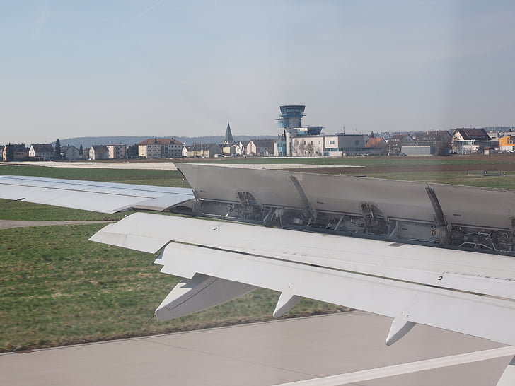Luchthaven, Stuttgart, Stuttgart Luchthaven, landing, kleppen, vleugel, vliegtuigen