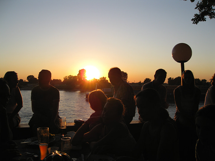 uteservering, solnedgang, moro, etter jobb, Sommer, elven, Rhinen