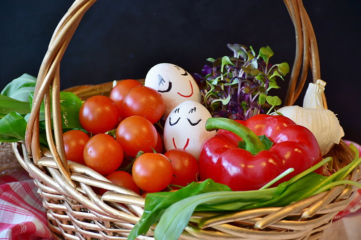vegetables, basket, purchasing, market, farmers local market, tomatoes, egg