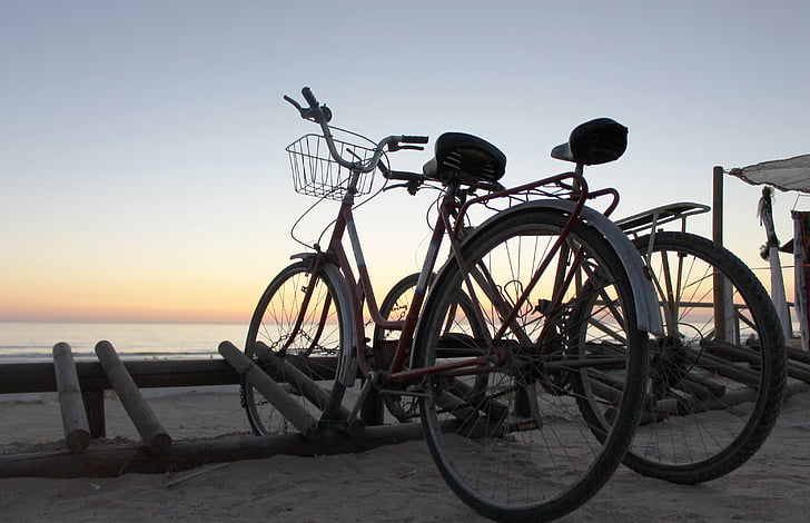 bicikala, retro, zalazak sunca, plaža, Andaluzija, Španjolska, pozadinsko osvjetljenje