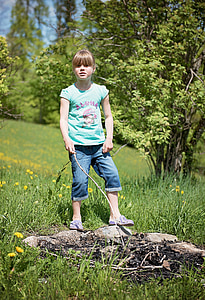 human, child, girl, fireplace, meadow, nature, out