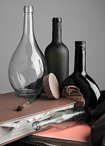 still life, the bottle, photo, glass, cork, book, studio