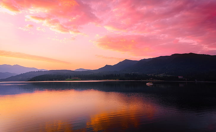 Rumunsko, jezero, voda, odrazy, Panorama, Západ slunce, soumraku