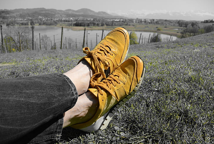sneakers, relaxation, shoes, sports shoes, yellow, landscape, hiking