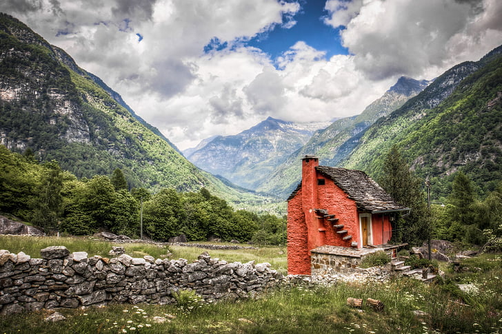 natureza, montanhas, Suíça, paisagem, Alpina, Casa, vermelho