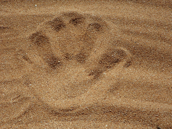 imprimir, areia, praia, Areia, praia, reimpressão, mão, impressão da mão