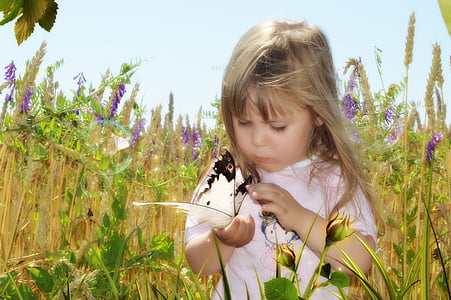 Tüdruk, lapsed, liblikas, väike tüdruk, kenasti, rõõmu, suvel