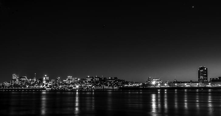 architecture, black and-white, buildings, calm waters, city, city lights, cityscape