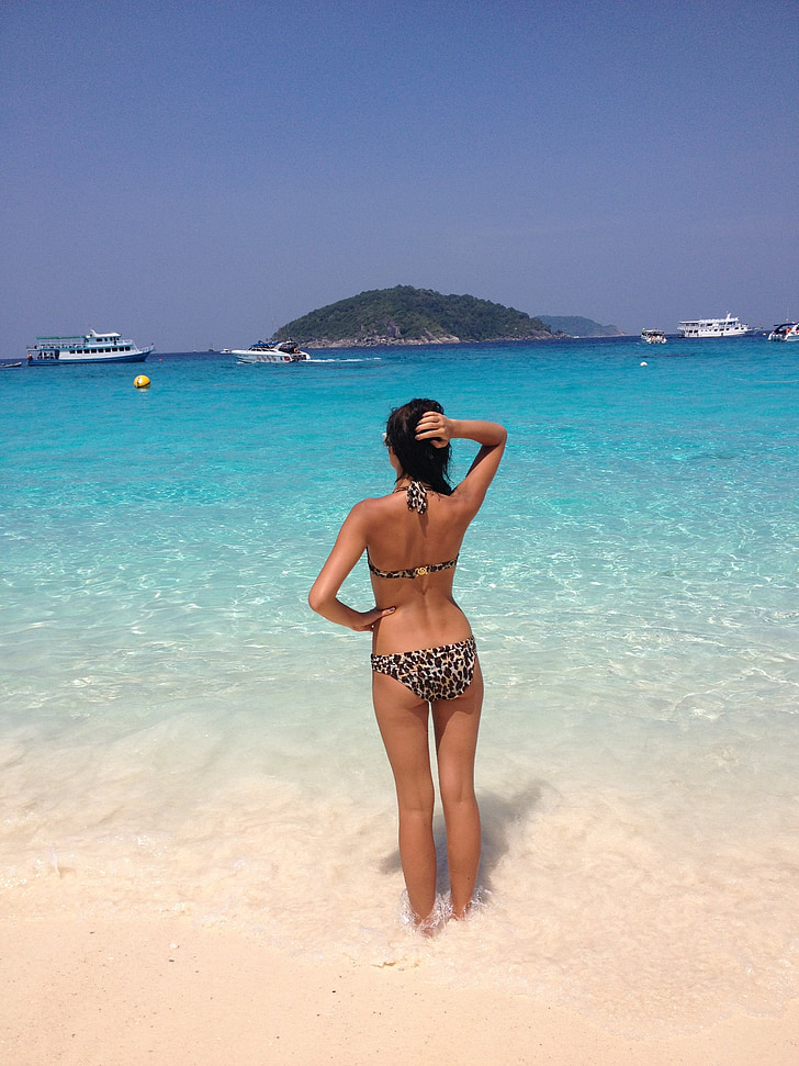 plajă, Bikini, ocean, fată, femeie, spate, orizont