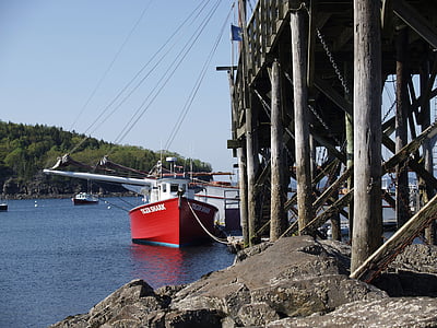 Pier, stolpar, strandlinjen, fartyg, båt, Acadia nationalpark, USA