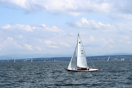 sailing vessel, sail, water, lake constance, wave, clouds, sky