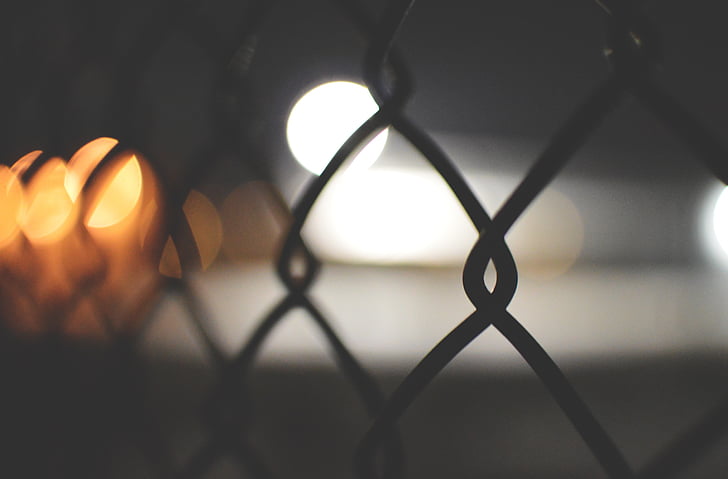 černá, kov, řetěz, plot, noční světlo, světla, drátěný plot