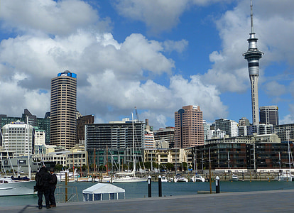 Sky tower, Auckland, båt, New zealand, arkitektur, skyline, byen