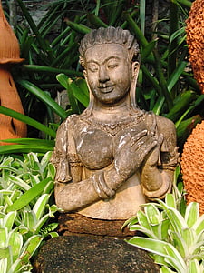 stone woman, statue of woman, statue, sculpture, plants, park sculpture, travel