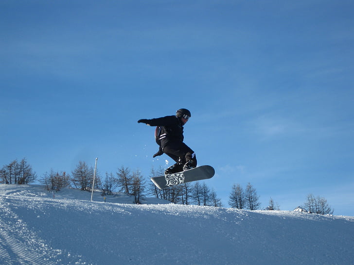 Snowboard, -stap-springen, sneeuw, toren, rit, sport, winter