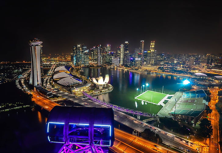 Singapore, Singapore Flyer-maailmanpyörä, Merlion park, pitkän altistuksen, Marina bay Sandsin, arkkitehtuuri, moderni