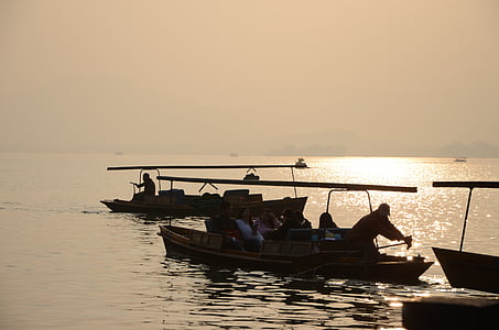 posta de sol, llac Tây, el paisatge, vaixell, romàntic, joves, Llac