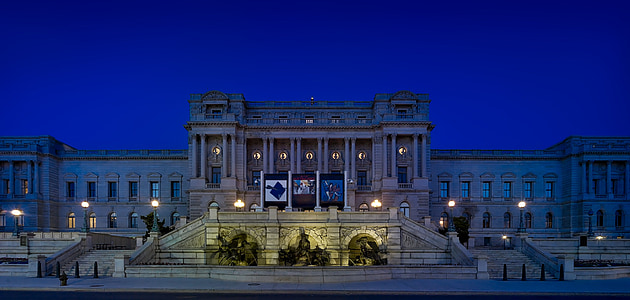 ワシントン dc, c, 米国議会図書館, トーマス ・ ジェファーソンの建物, 夜, 夜間, 今晩
