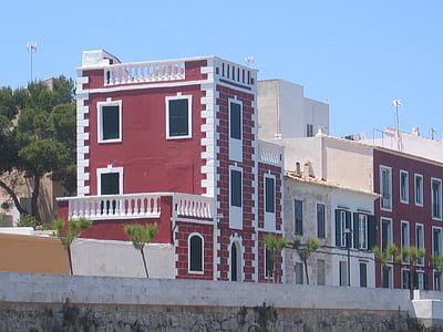 Castle, Lõuna-Euroopa, punane, rannikul, rida maju