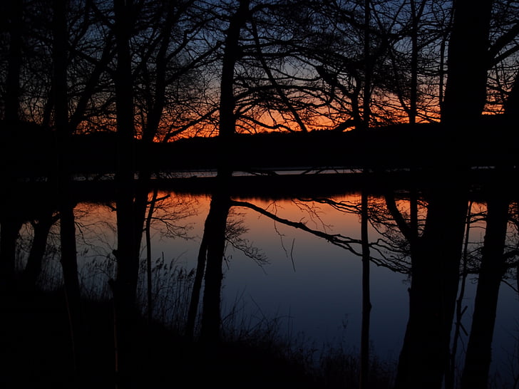 sumrak, zalazak sunca, jesen, ogledalo-poput jezera, lijepo, večer