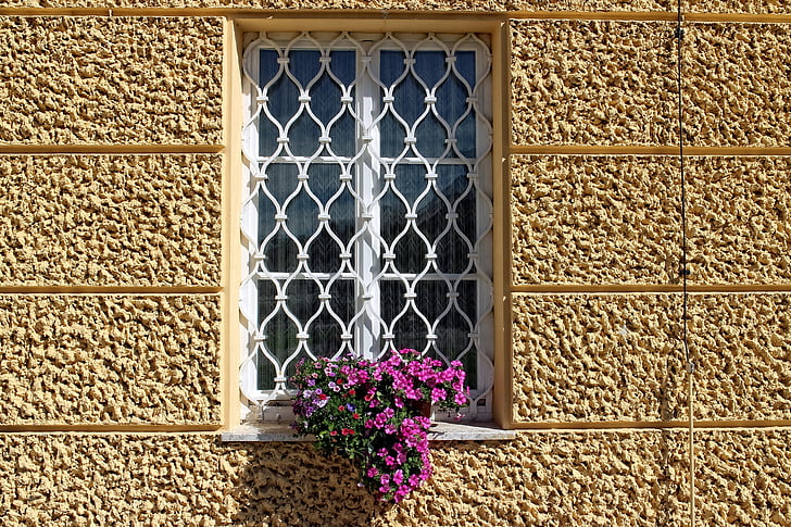 okenske rešetke, okno, mreža, stari, fasada, rešetke, kovanega železa