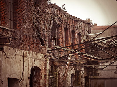 fàbrica, demolició, deixar, destrucció, destruïda, trencat, edifici de la fàbrica