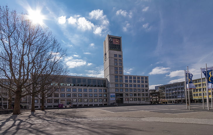Rathaus, Stuttgart, Neu, Sonne, Gegenlicht, Marktplatz, Vorplatz
