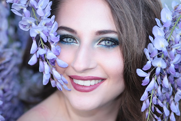 Gadis, bunga, ungu, mata biru, senyum, Salon Kecantikan, potret