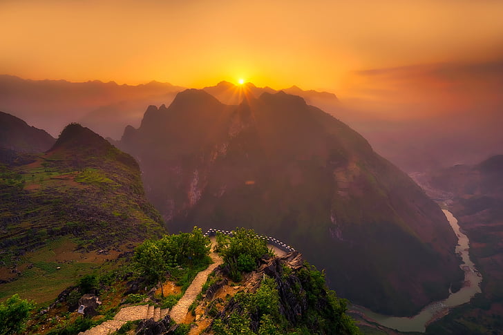 Vietnam, Berge, Fluss, Landschaft, Sonnenuntergang, Dämmerung, mit Blick auf