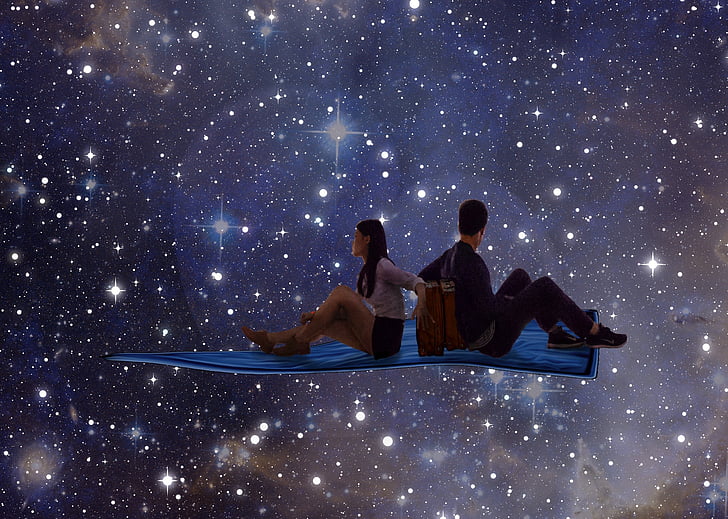 young couple, stars, space, man, woman, night, love
