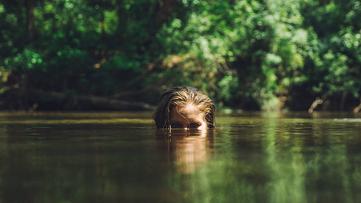 woman, submerge, body, water, showing, head, daytime