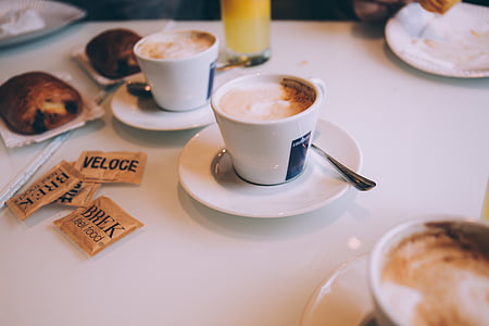 dua, cappuccino, The, Meja, espresso, kopi, kafe