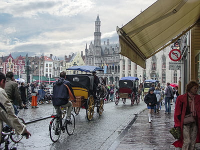 Bruges, medieval, ciutat, Bèlgica, cavall, transport, carro tirat
