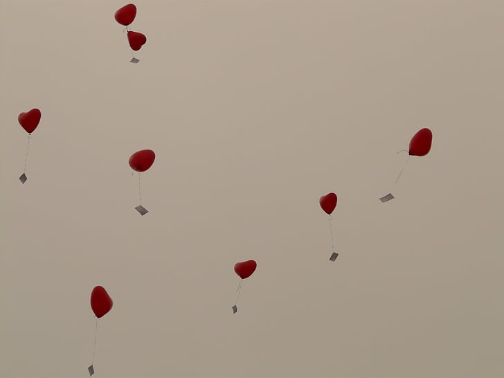 Luftballons, Herz, Liebe, Karten, fliegen, Romantik, Heißluftballon