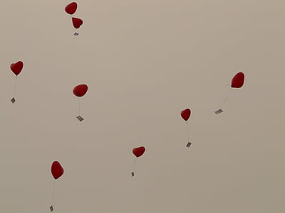 風船, 心, 愛, カード, 飛ぶ, ロマンス, 熱気球