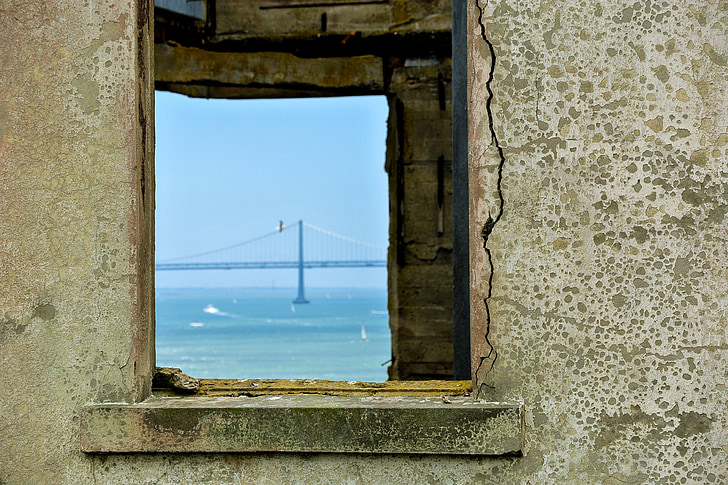 nézet, ablak, híd, Oakland bay bridge, ROM, szabadság, elévült
